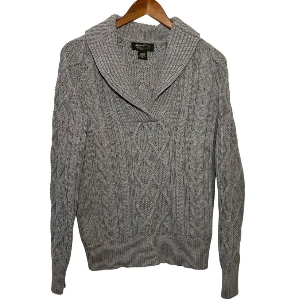Eddie Bauer Womens Gray Cableknit Shawl Collar Sweater Wool Blend S Cabincore